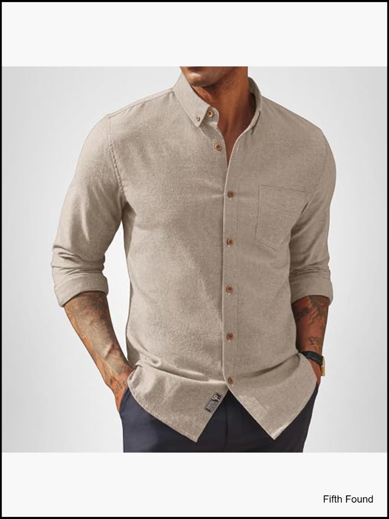 Men's Linen Cotton Button Down Shirt - Classic Fit Long Sleeve - Beige